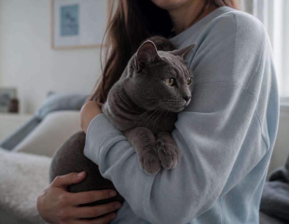 Femme tenant un chat gris dans ses bras à la maison