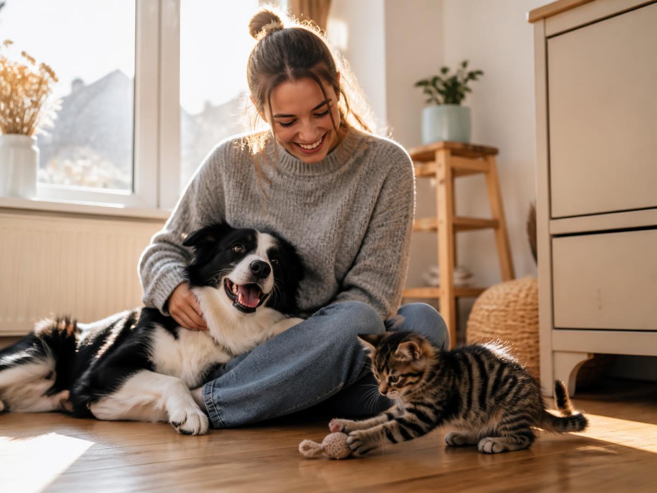 Une jeune femme assise au sol près d'une fenêtre, câlinant son border collie pendant qu'un chaton joue à côté