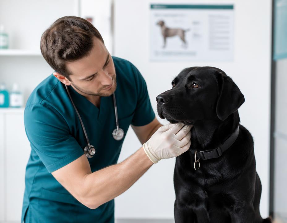 Vétérinaire examinant un labrador noir en clinique